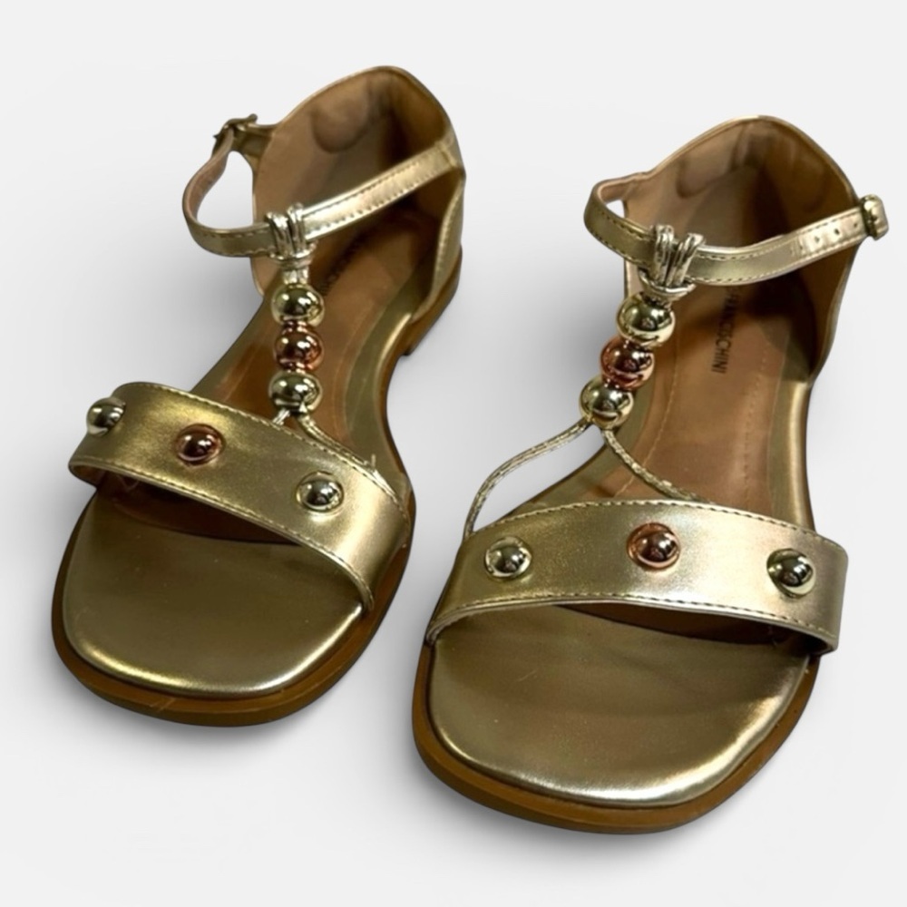 Francischini Metallic Beaded T-Strap Sandals – Gold – Size 6.5 (EU 37)